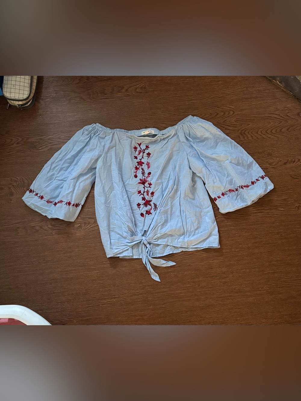 beachlunchlounge Light Blue Off-Shoulder Tie-Front Blouse with Red Embroidery